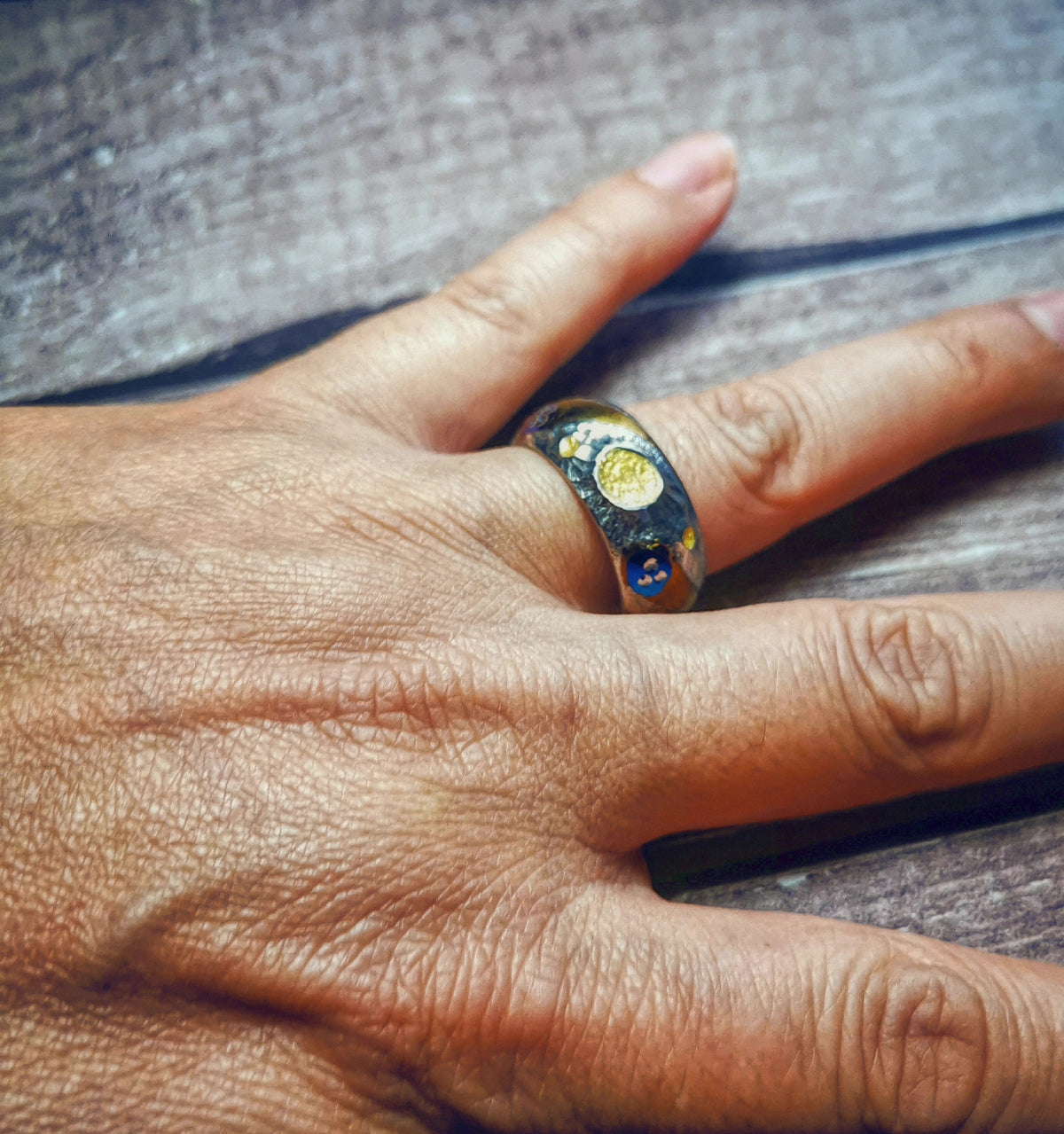 Hammered Silver Ring with Gold Inlay