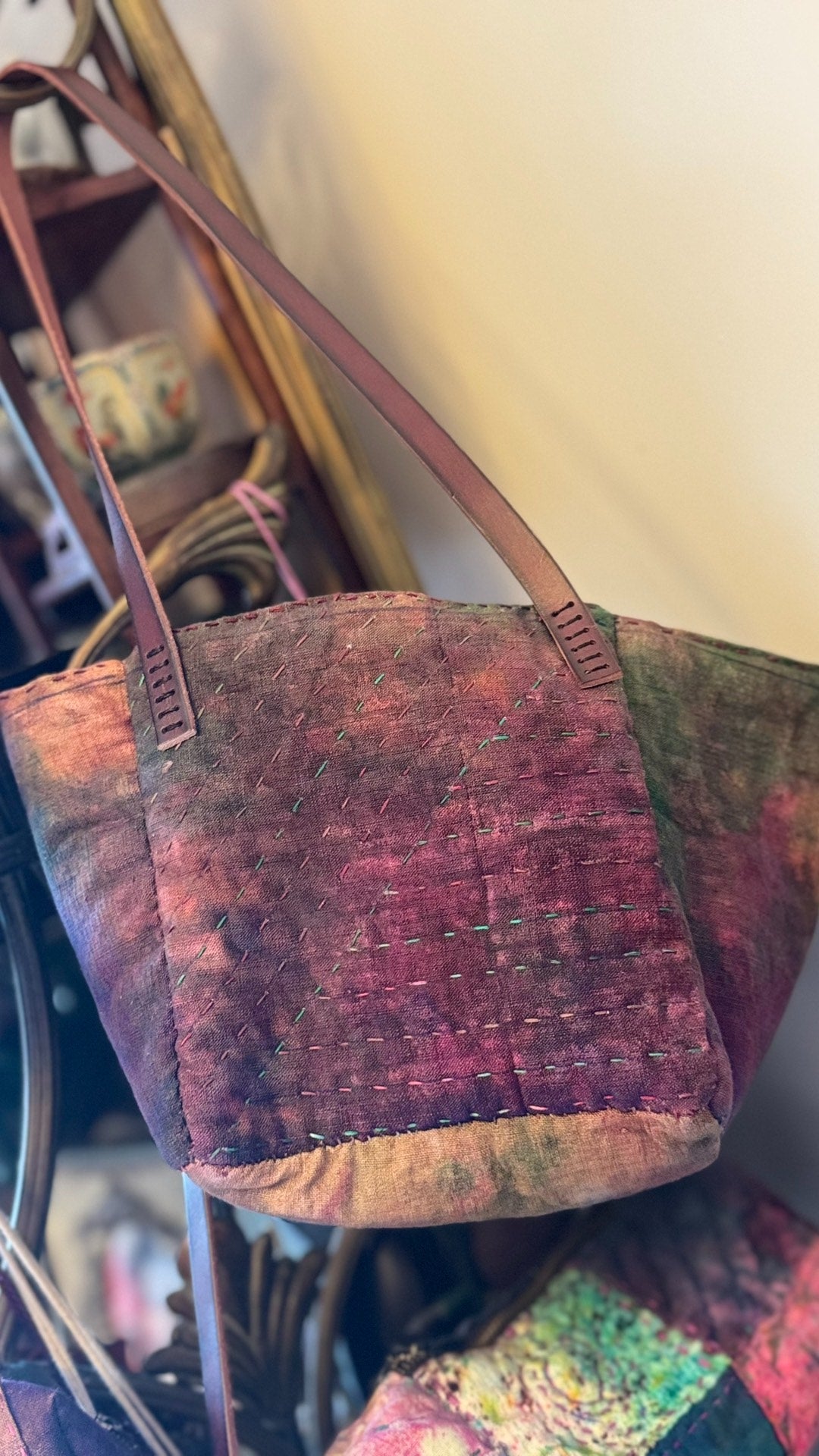 Handwoven Plant-Dyed Leather Handle Tote Bag