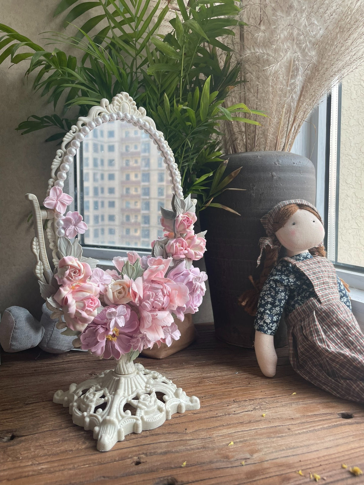 Oval Clay Flower Decorated Standing Mirror