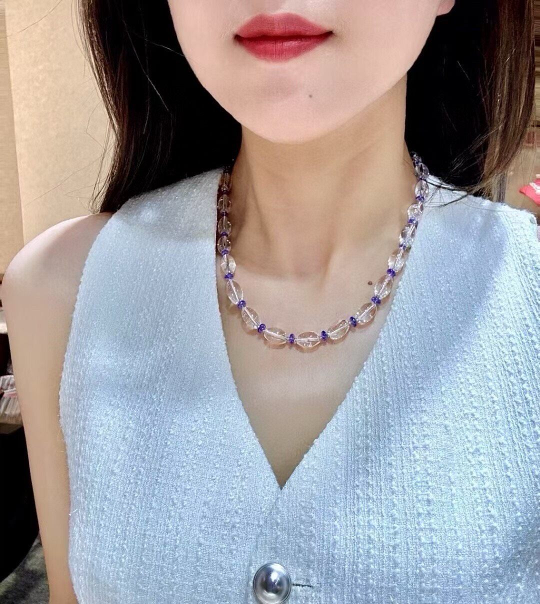 Clear Abacus Bead and Blue Accent Bead Necklace, 41cm