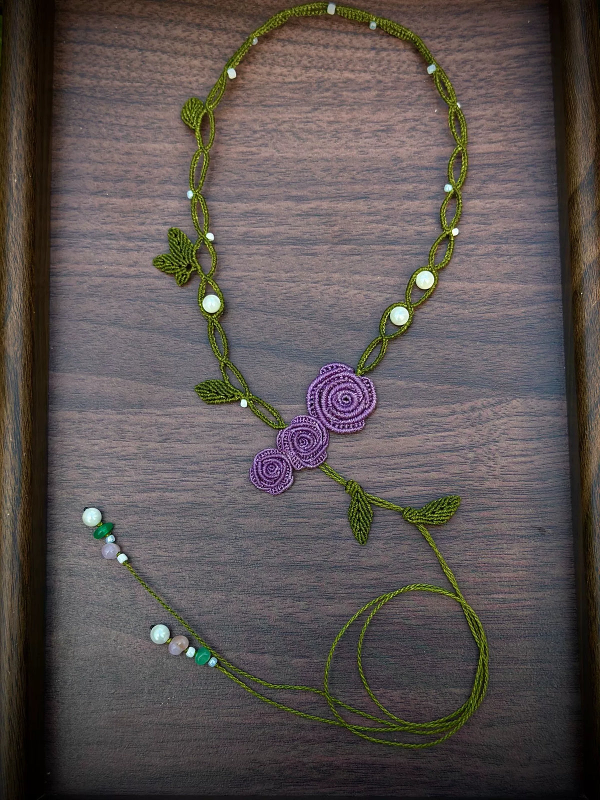 Handmade Macrame Necklace Purple Rose Vine