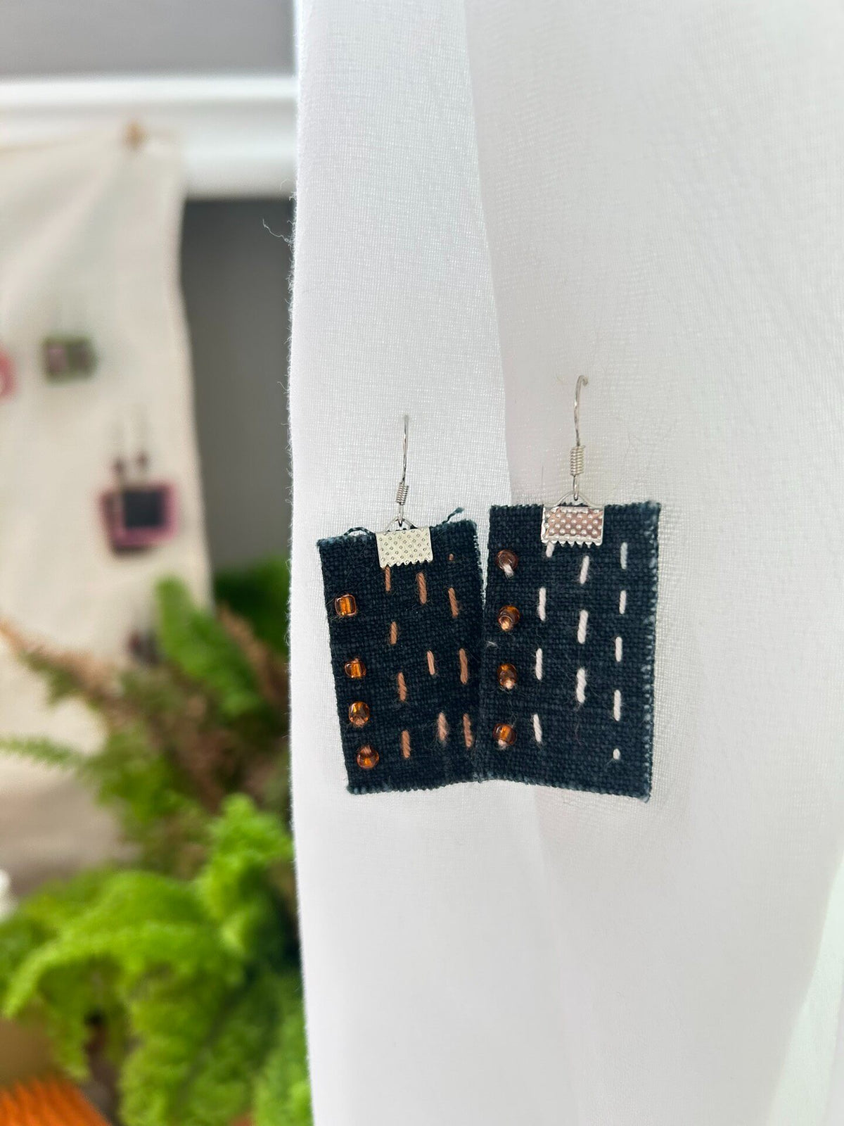 Handcrafted Fabric Earrings Deep Blue Beaded