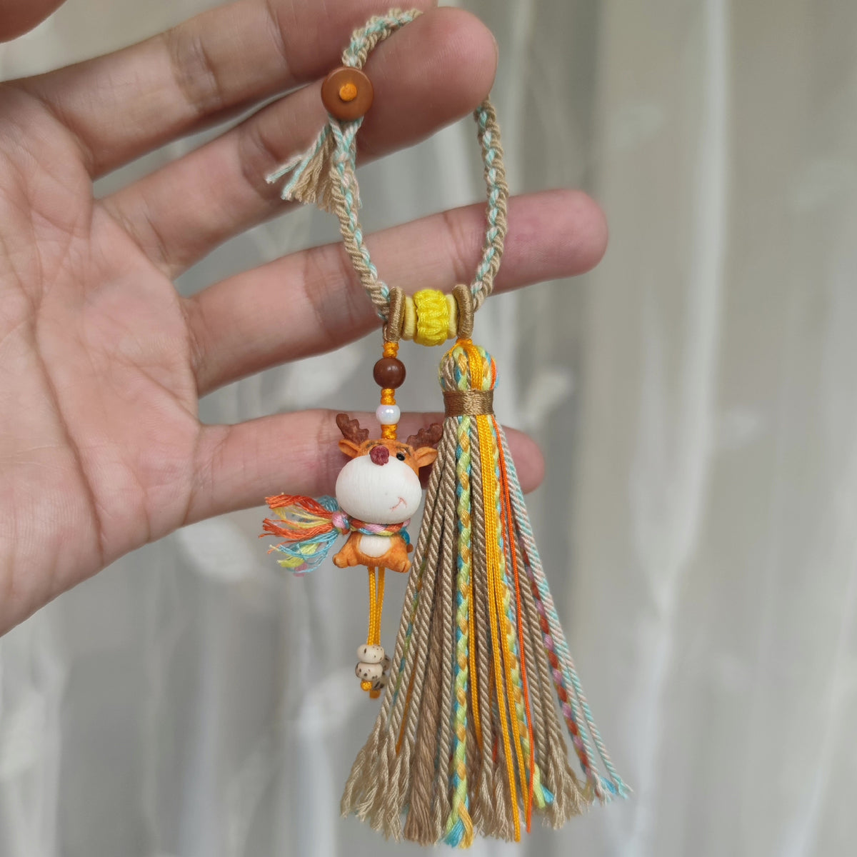 Hand Carved Wooden Deer Tassel Keychain