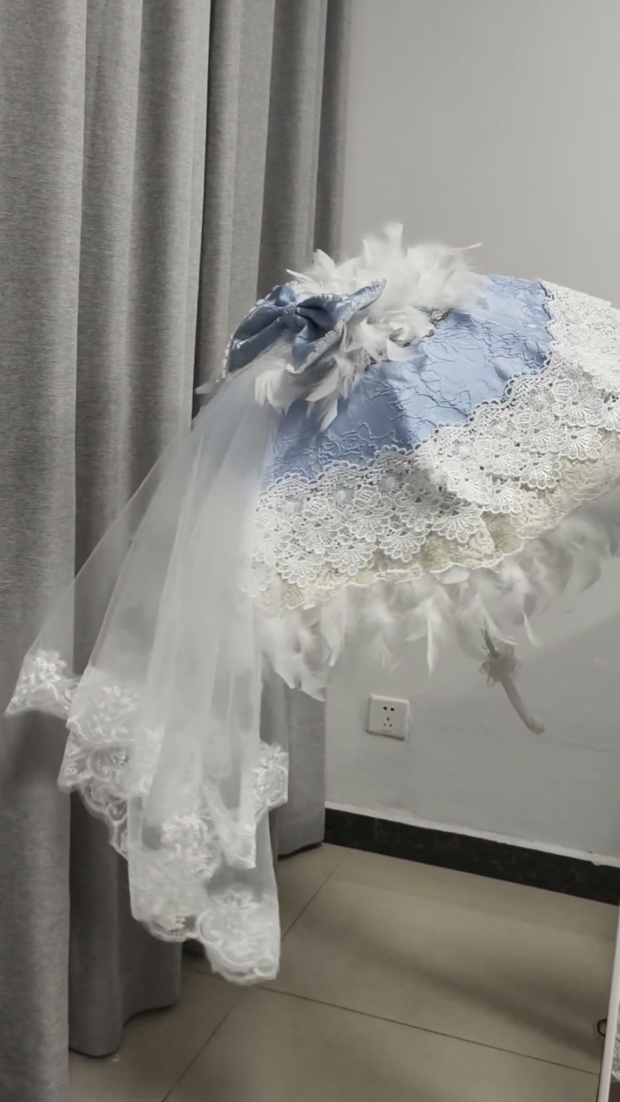Light Blue Lolita Lace Feather Umbrella