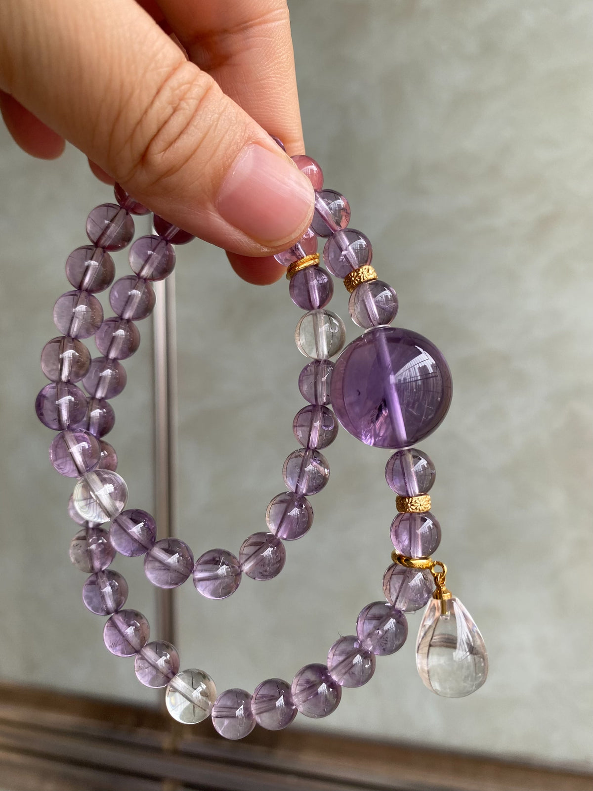 Amethyst Clear Quartz Double Loop Beaded Bracelet