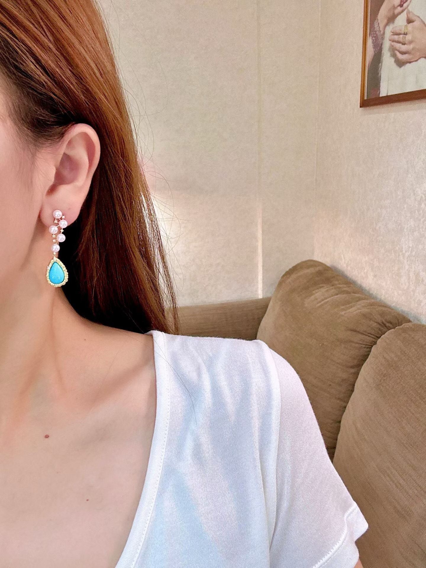 18K Gold Sleeping Beauty Turquoise Drop Earrings with Akoya Pearls and Diamonds