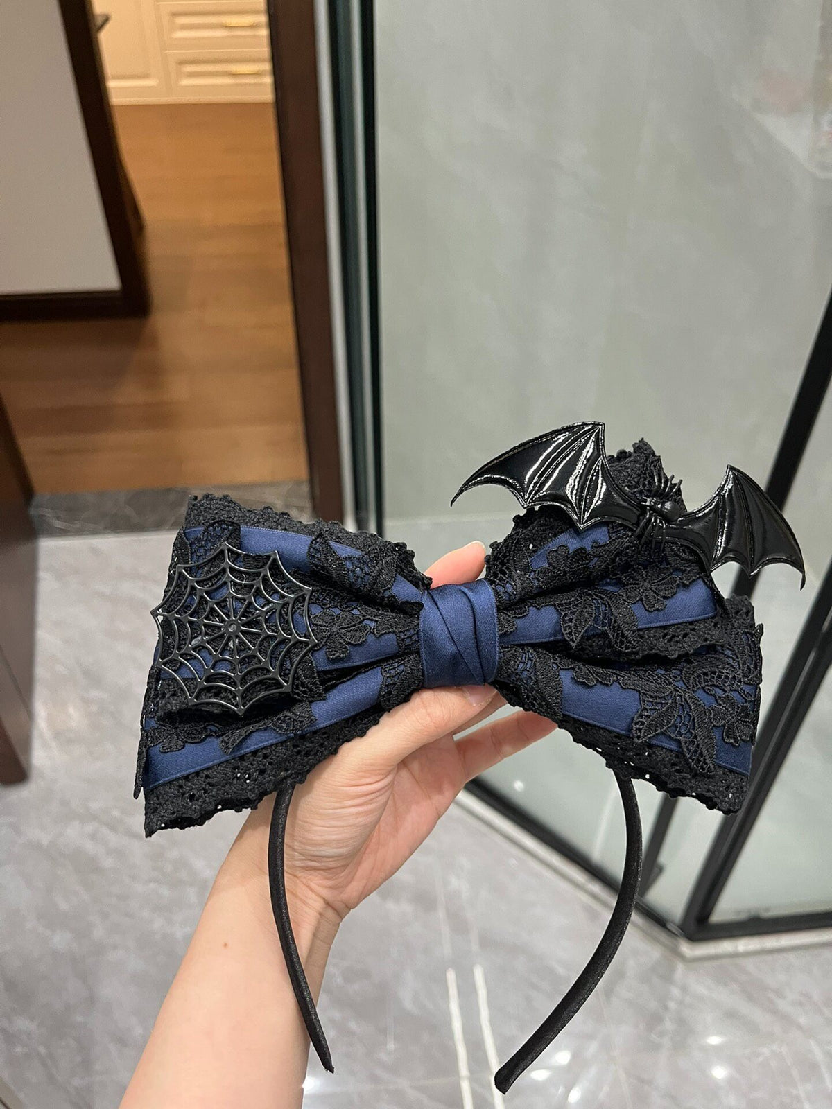 Gothic Lace Bow Headband with Spiderweb