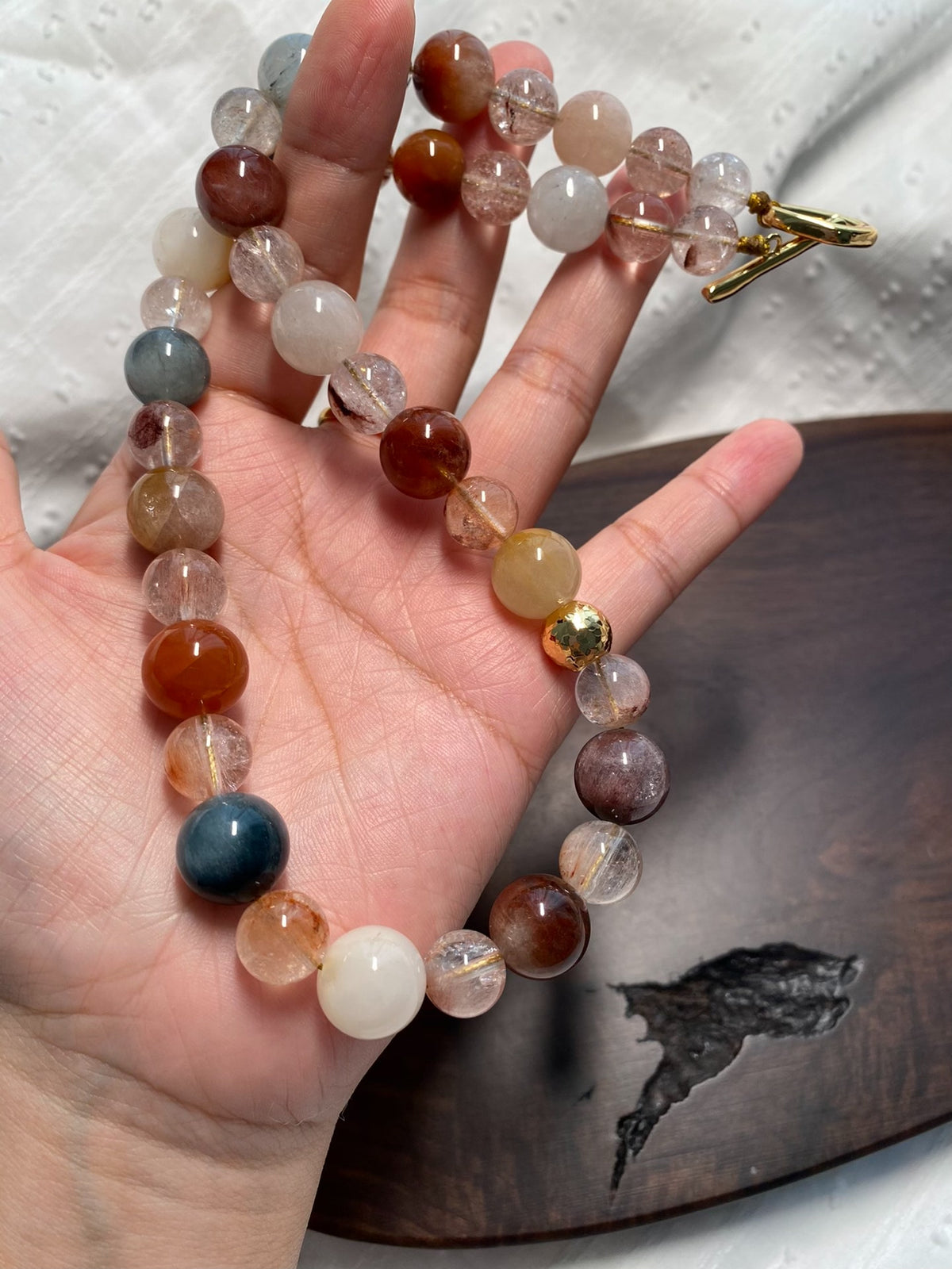 Rabbit Hair Quartz Beaded Necklace Titanium Steel
