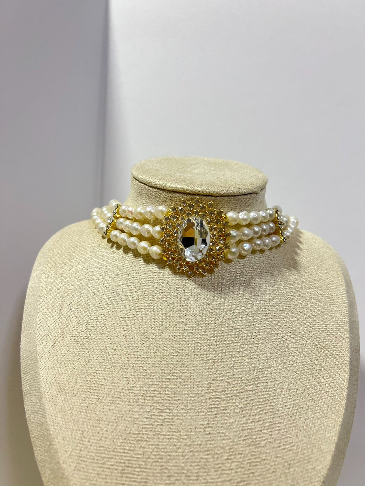 Three Strand Pearl Necklace Rhinestone Centerpiece