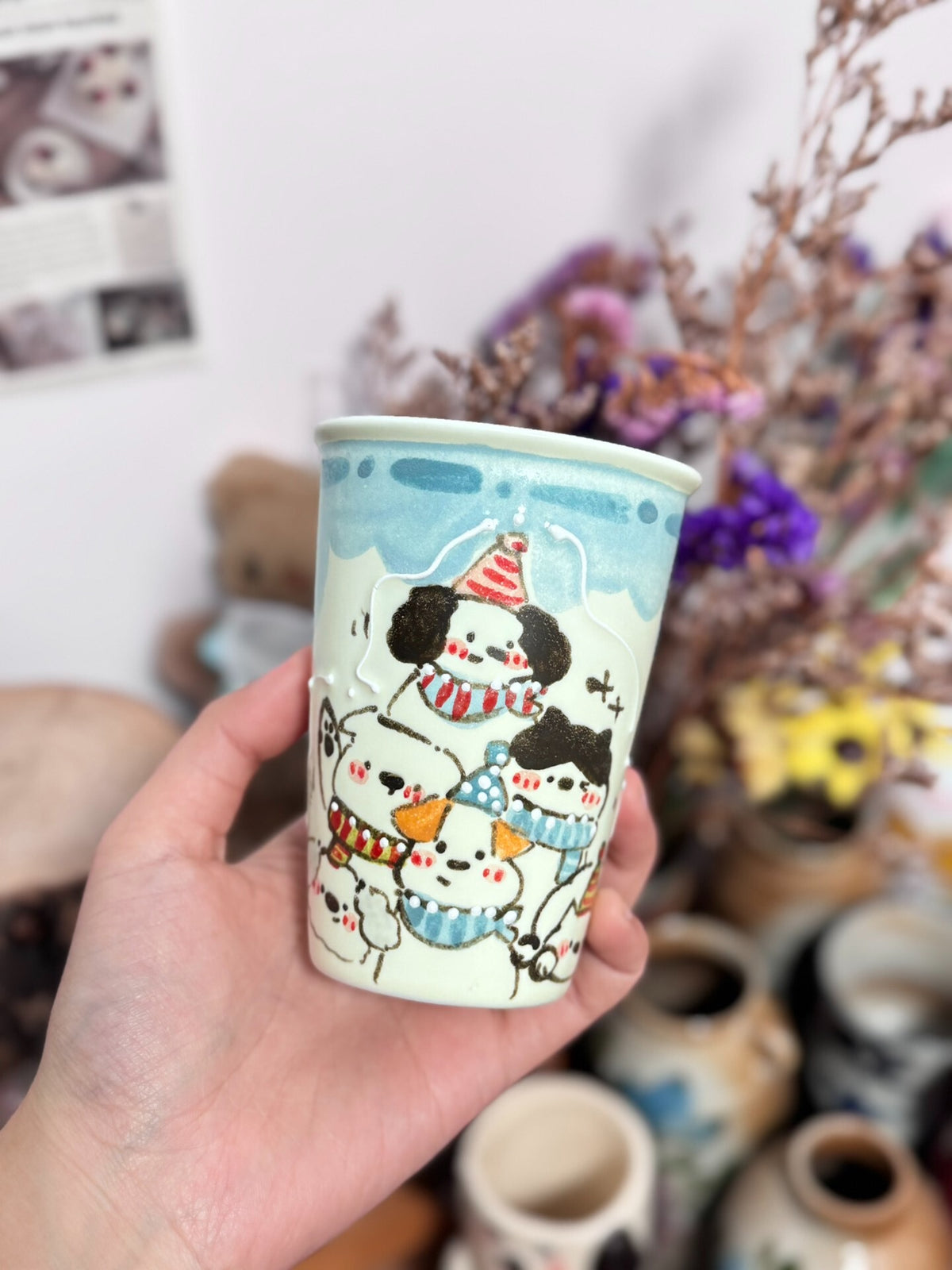 Handcrafted Ceramic Cat Dog Party Cup Blue