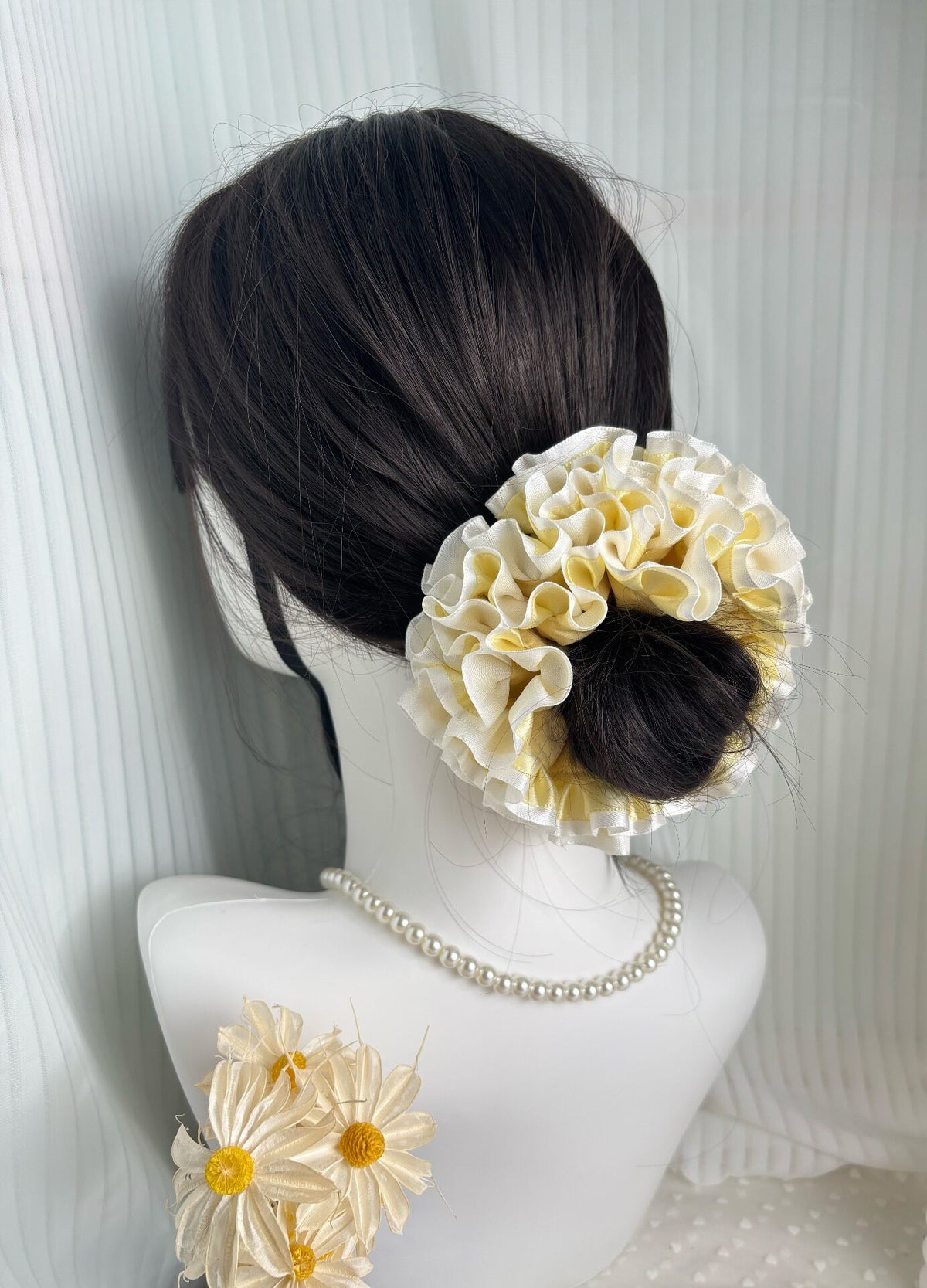 Creamy Yellow White Satin Ruffled Scrunchie