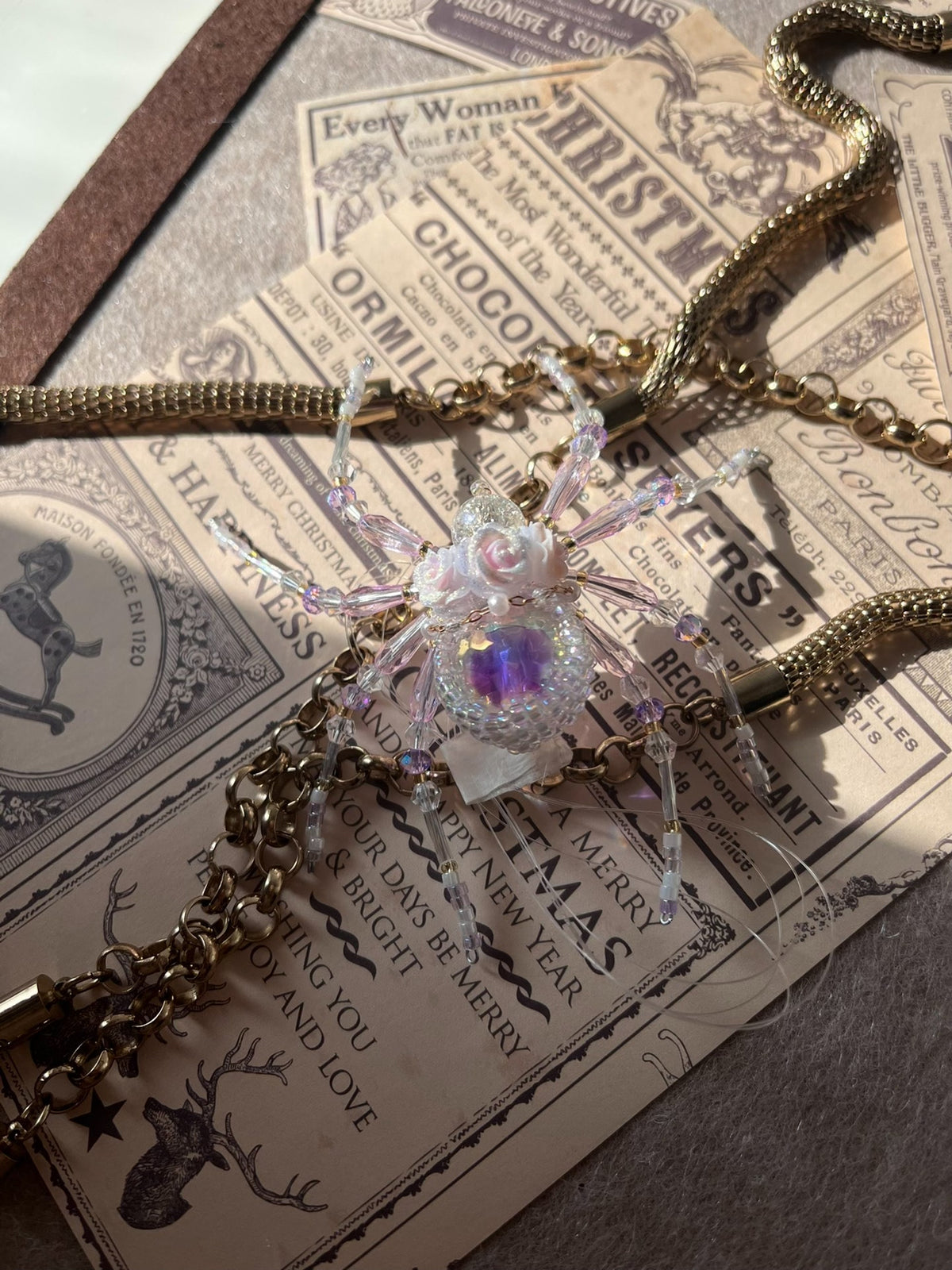 Handmade Beaded Spider Charm Purple Crystal
