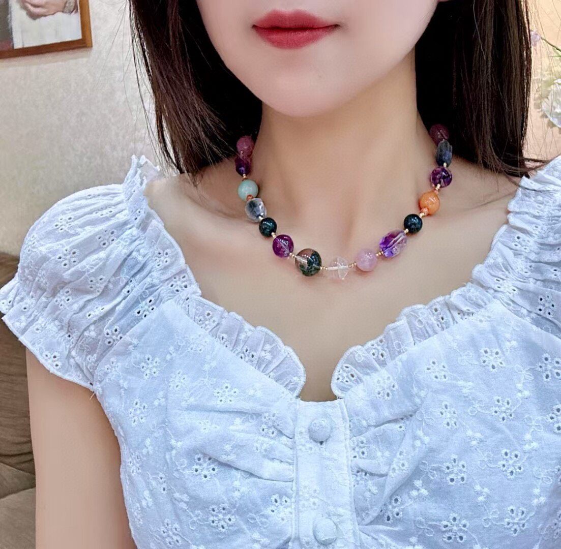 Multi-Gemstone Beaded Necklace with Green Phantom Centerpiece