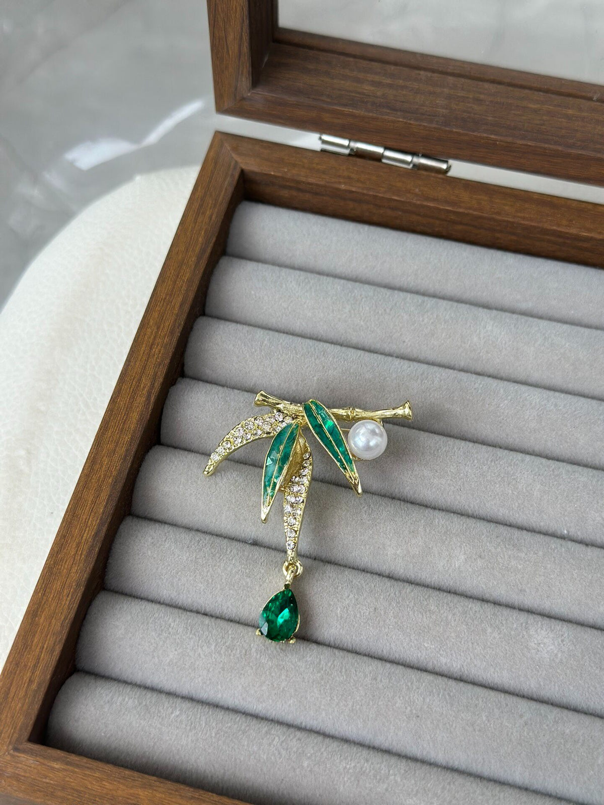 Bamboo Leaf Brooch with Shell Inlay