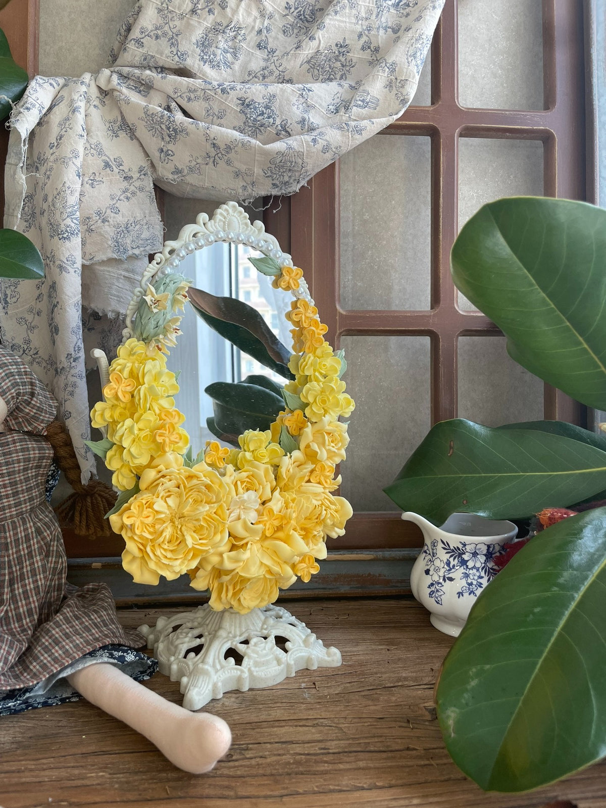 Clay Flower Decorated Oval Vanity Mirror