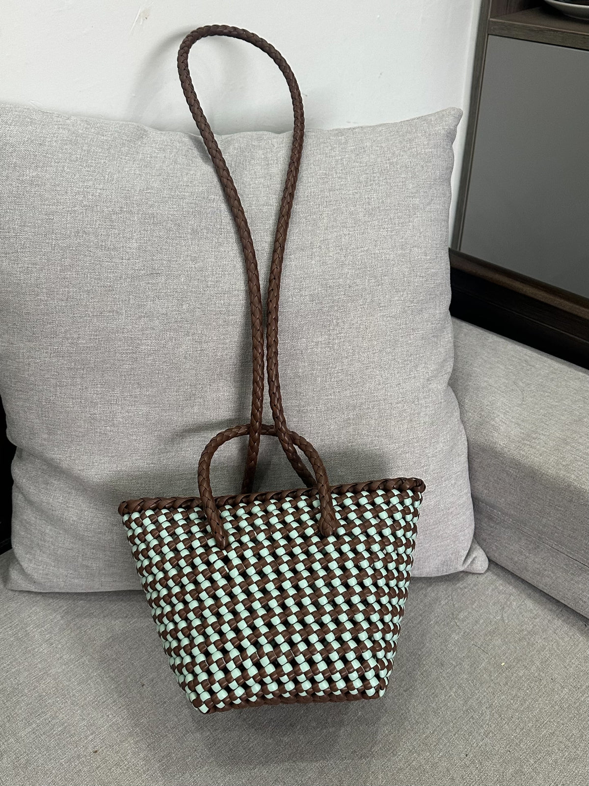 Handgewewebte Rattentasche Coffee Mint Plaid