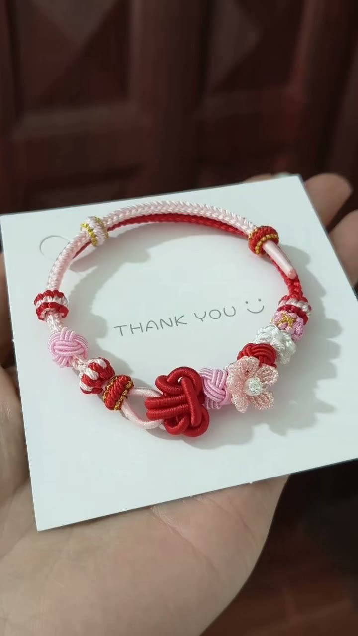 ハンドメイド 赤×ピンク 編みコードブレスレット