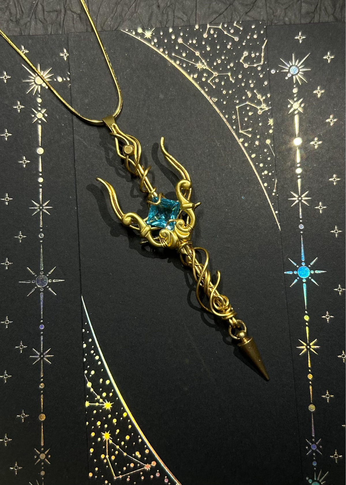 Brass Wire Wrapped Pendant with Aqua Zircon
