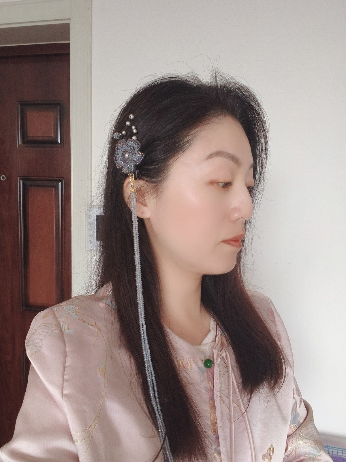 Iridescent Beaded Flower Side Hair Clip