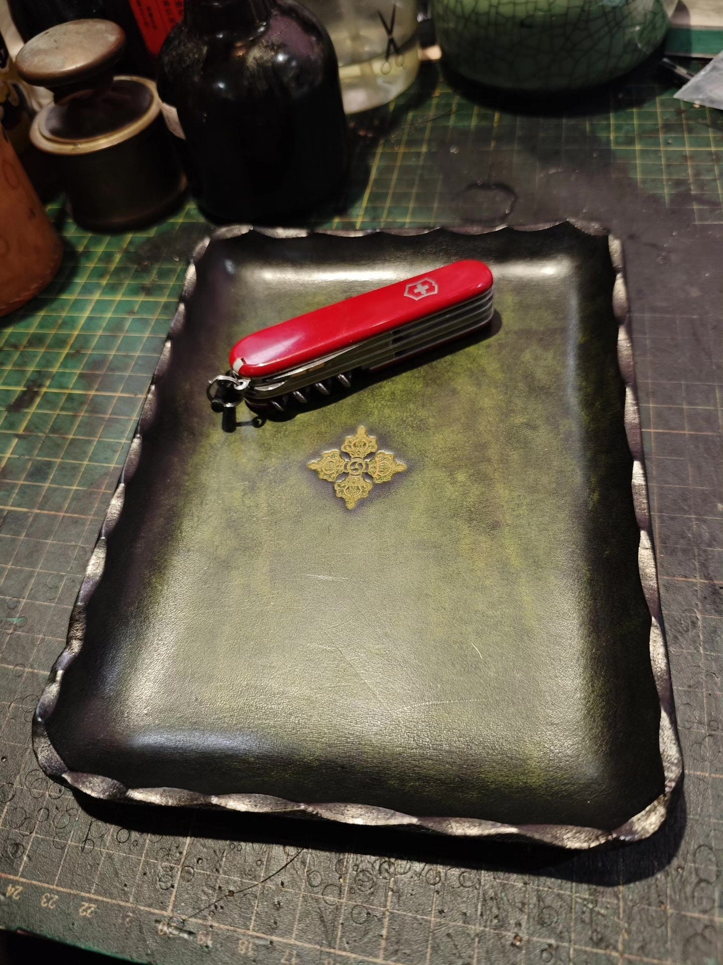 Antique Green Leather Rectangular Tray with Gold Carved Center and Scalloped Edges