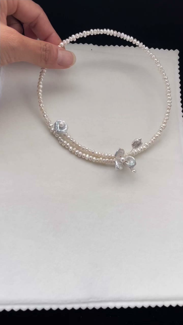 Silver Blue Floral Pearl Necklace