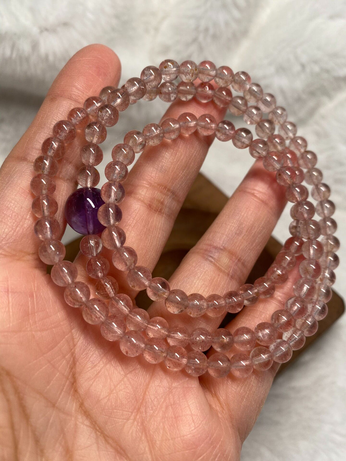 Triple Wrap Strawberry Quartz Bracelet Amethyst Bead