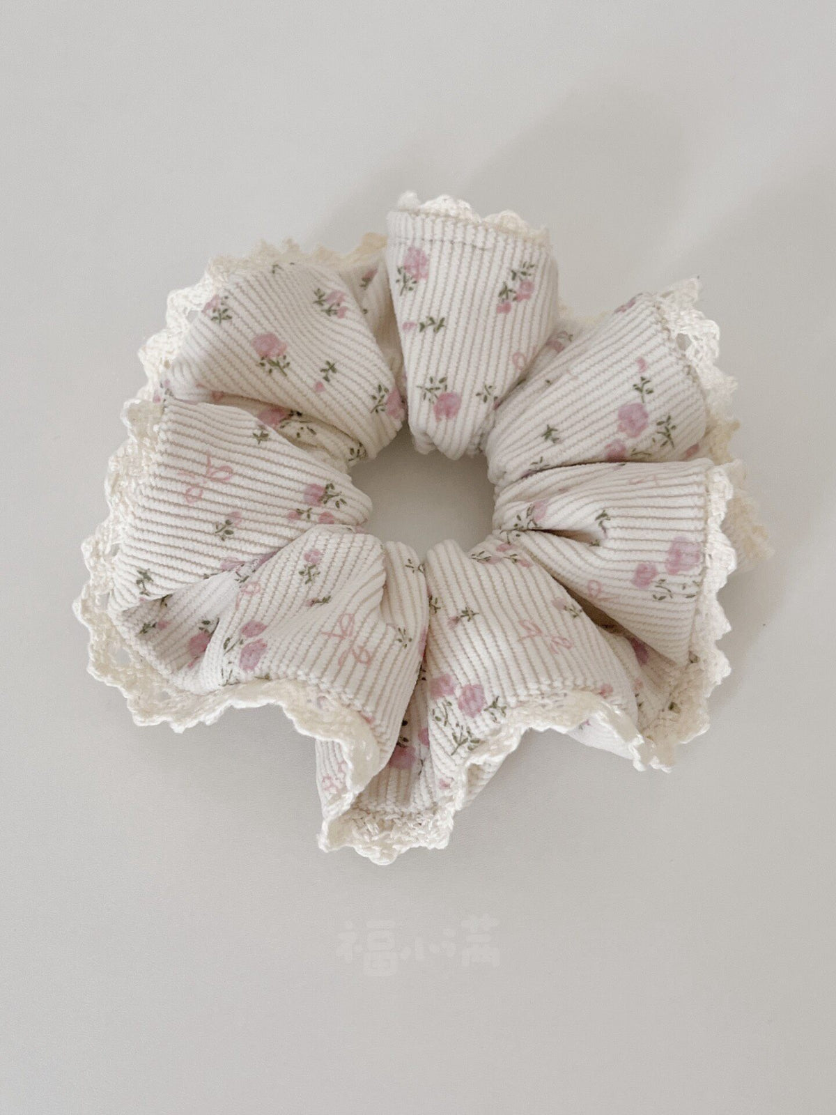 Beige Corduroy Floral Lace Scrunchie