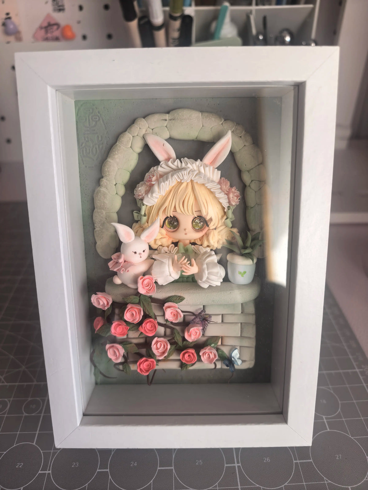 Air Dry Clay Bunny Girl Shadow Box