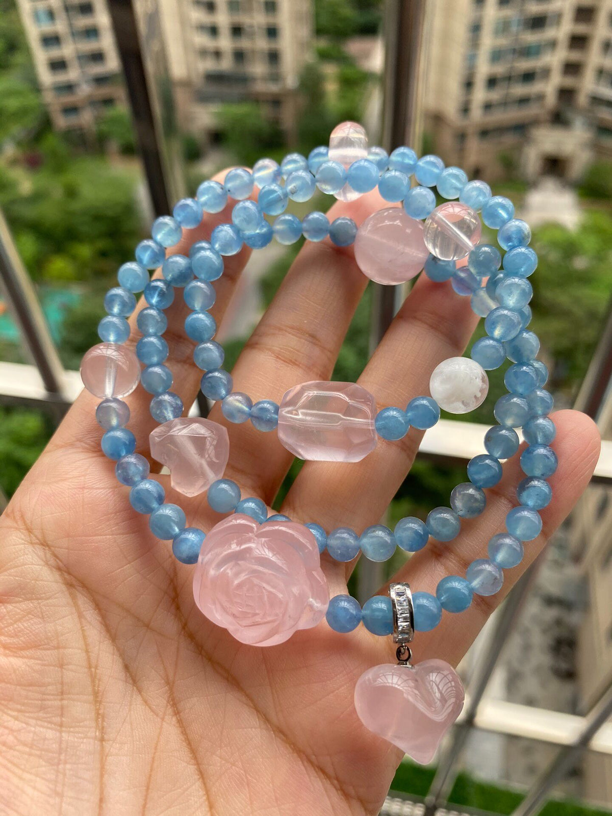 Aquamarine Rose Quartz Triple Wrap Bracelet