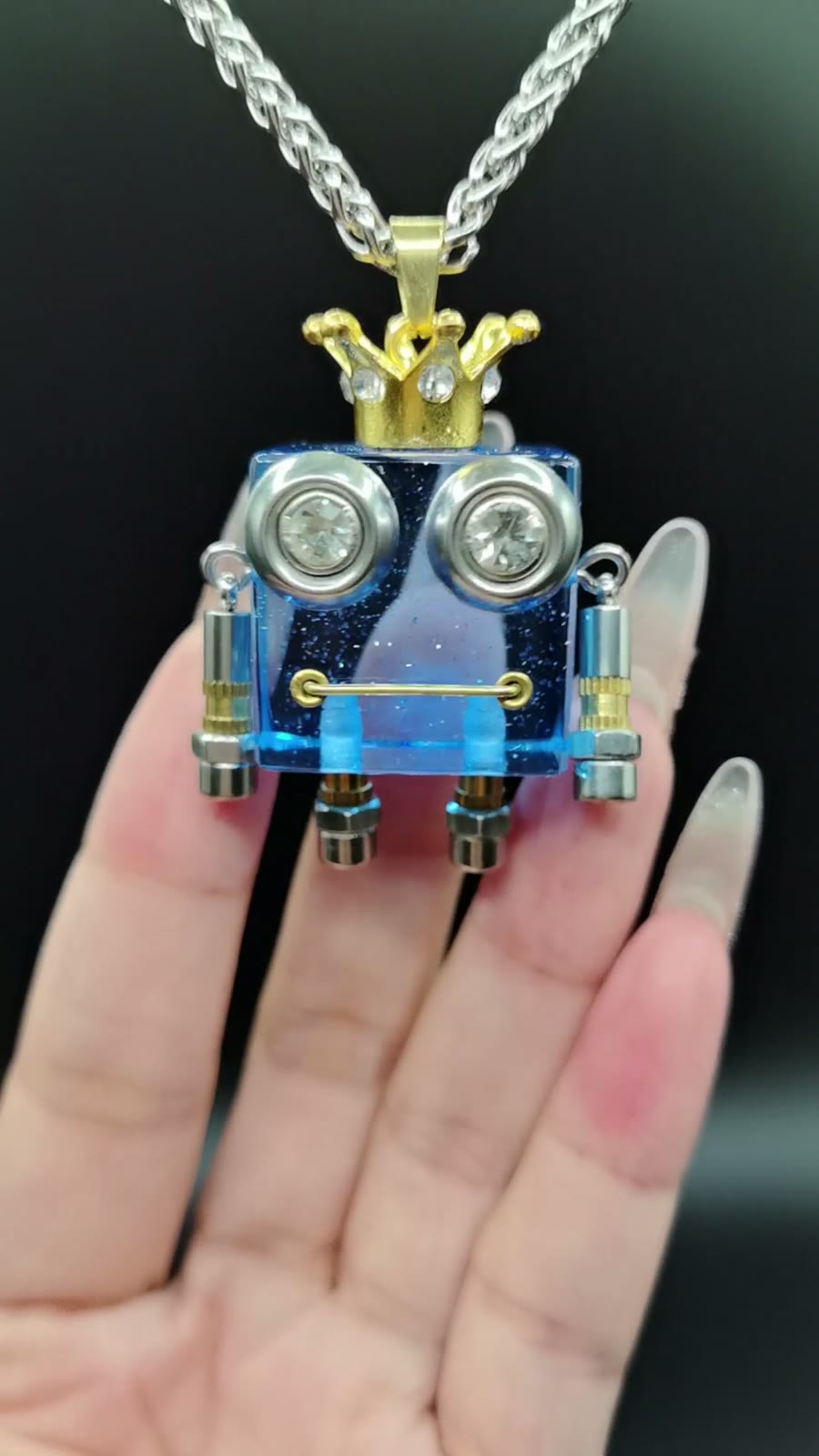 Blue Resin Robot Crown Pendant Necklace