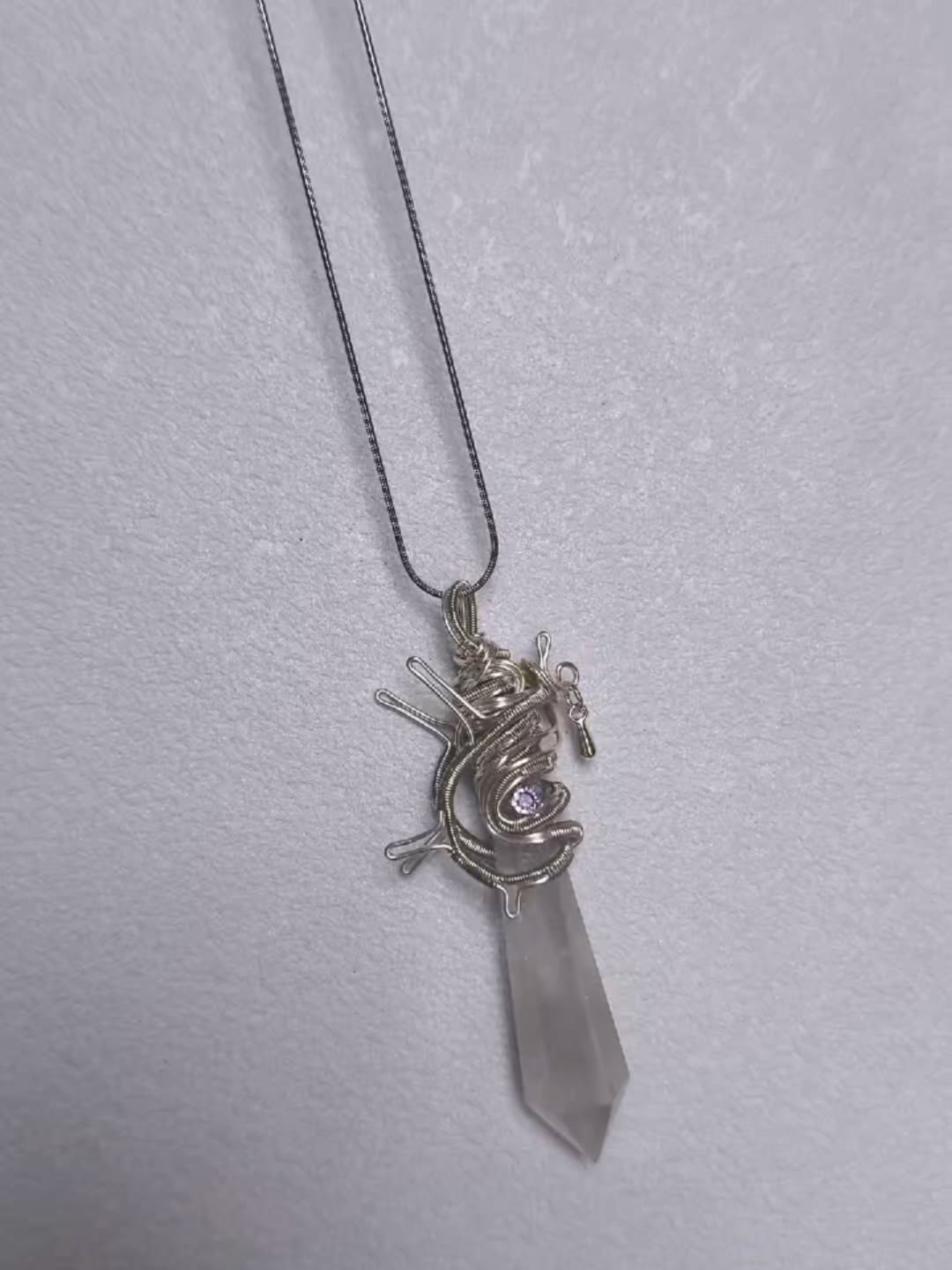 Natural White Quartz Crystal Wire Wrapped Necklace Pendulum