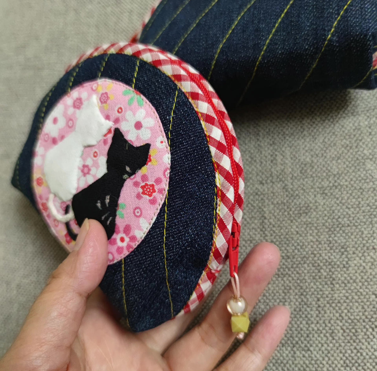 Handmade Denim Cat Applique Shell Pouch