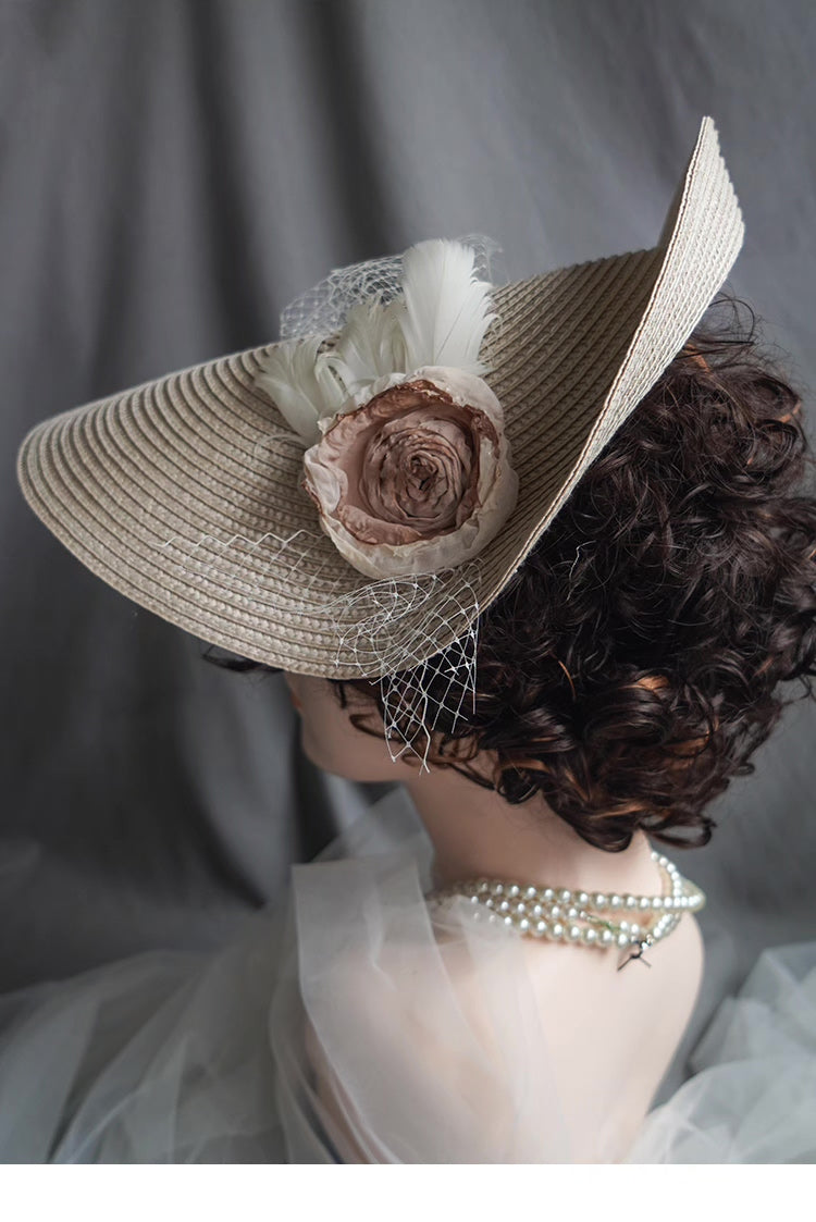 Vintage Straw Hat with Floral Veil