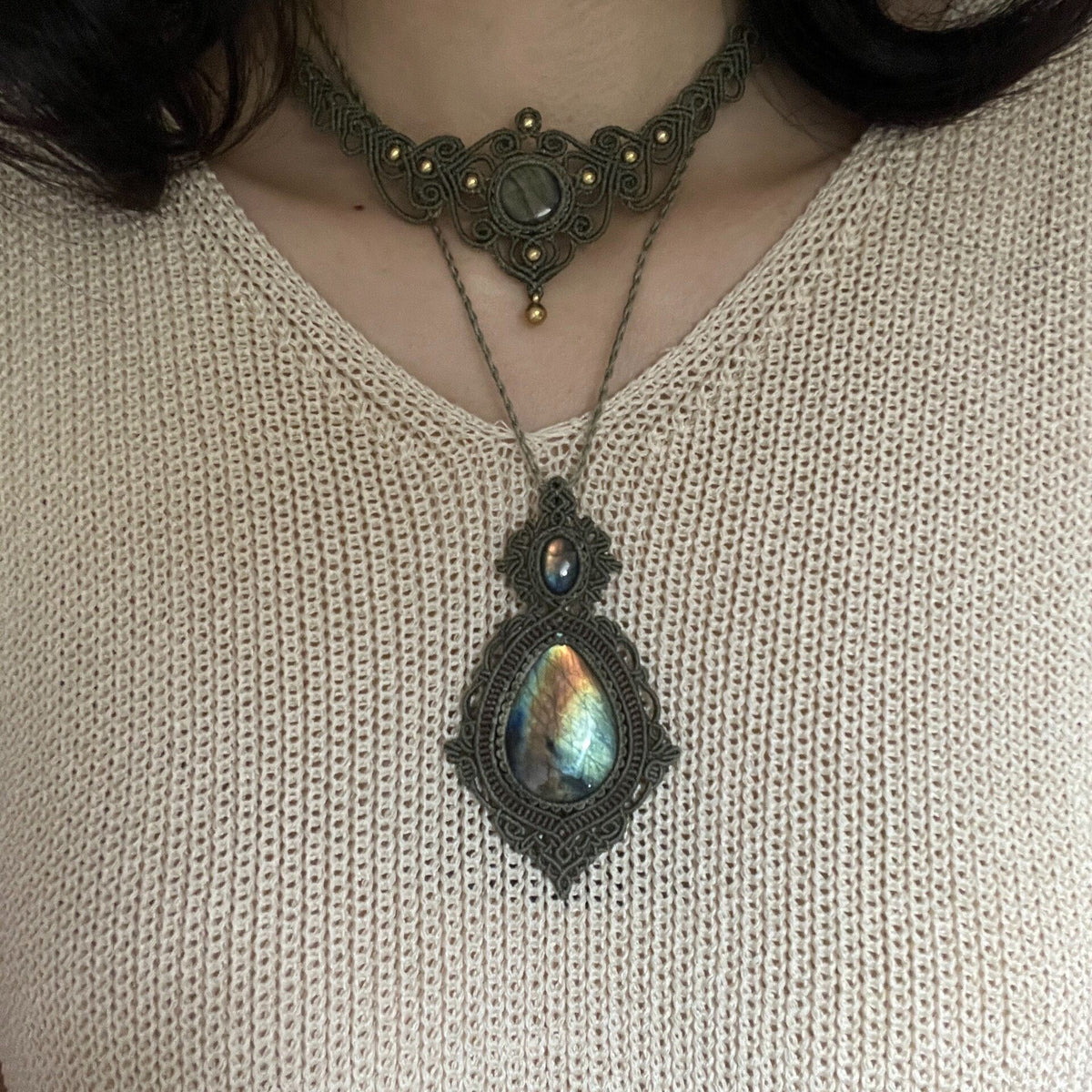 Macrame Labradorite Necklace Two Stone Pendant