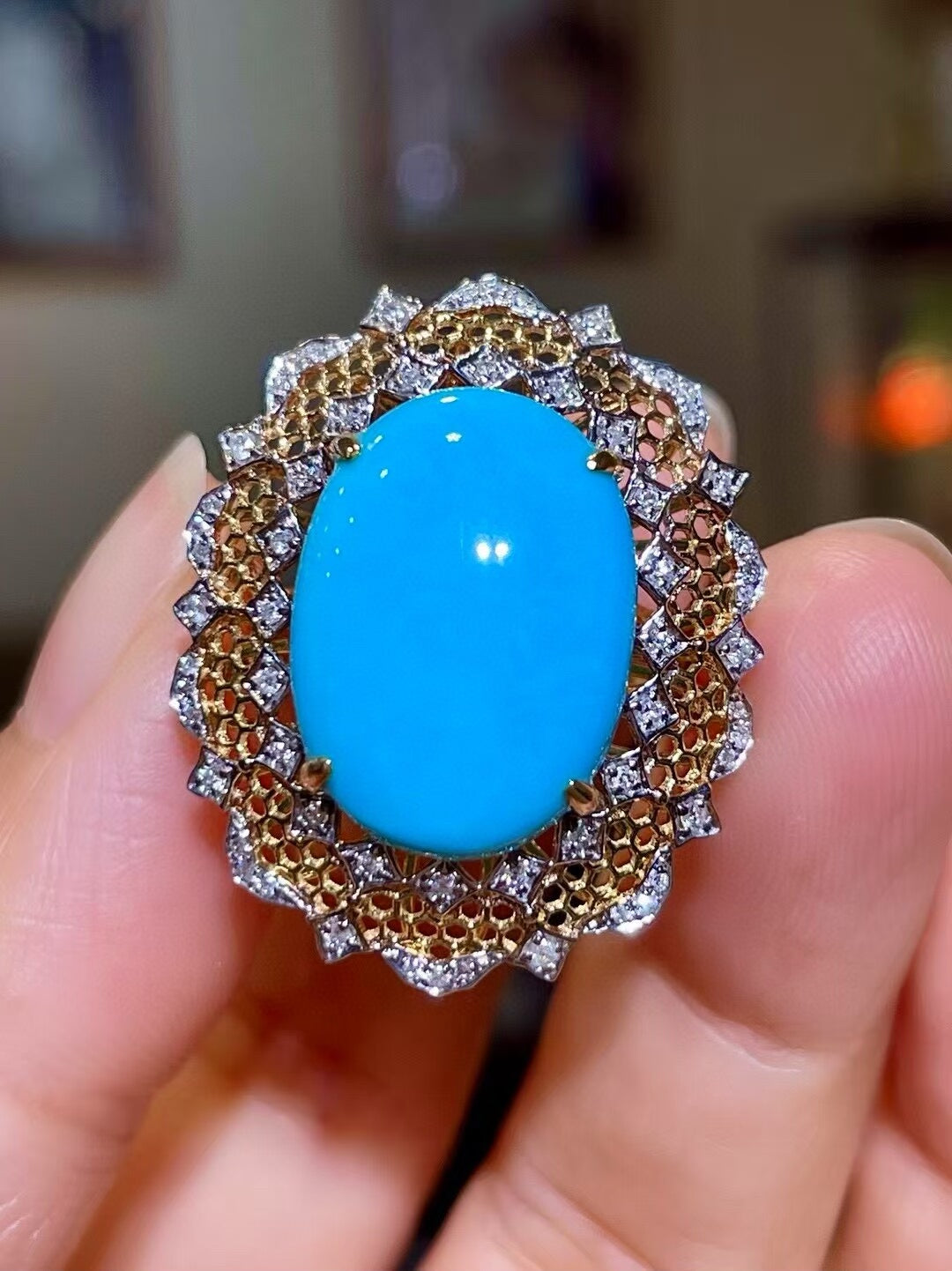 18K Two-Tone Gold Ring with Oval Cabochon Blue Stone and Diamond Halo