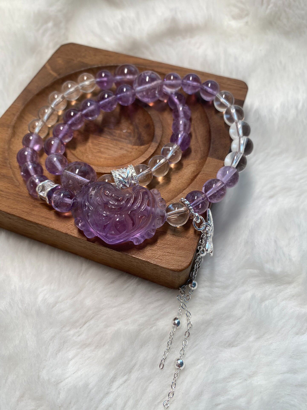 Amethyst Double Strand Bracelet Heart Fox Charm