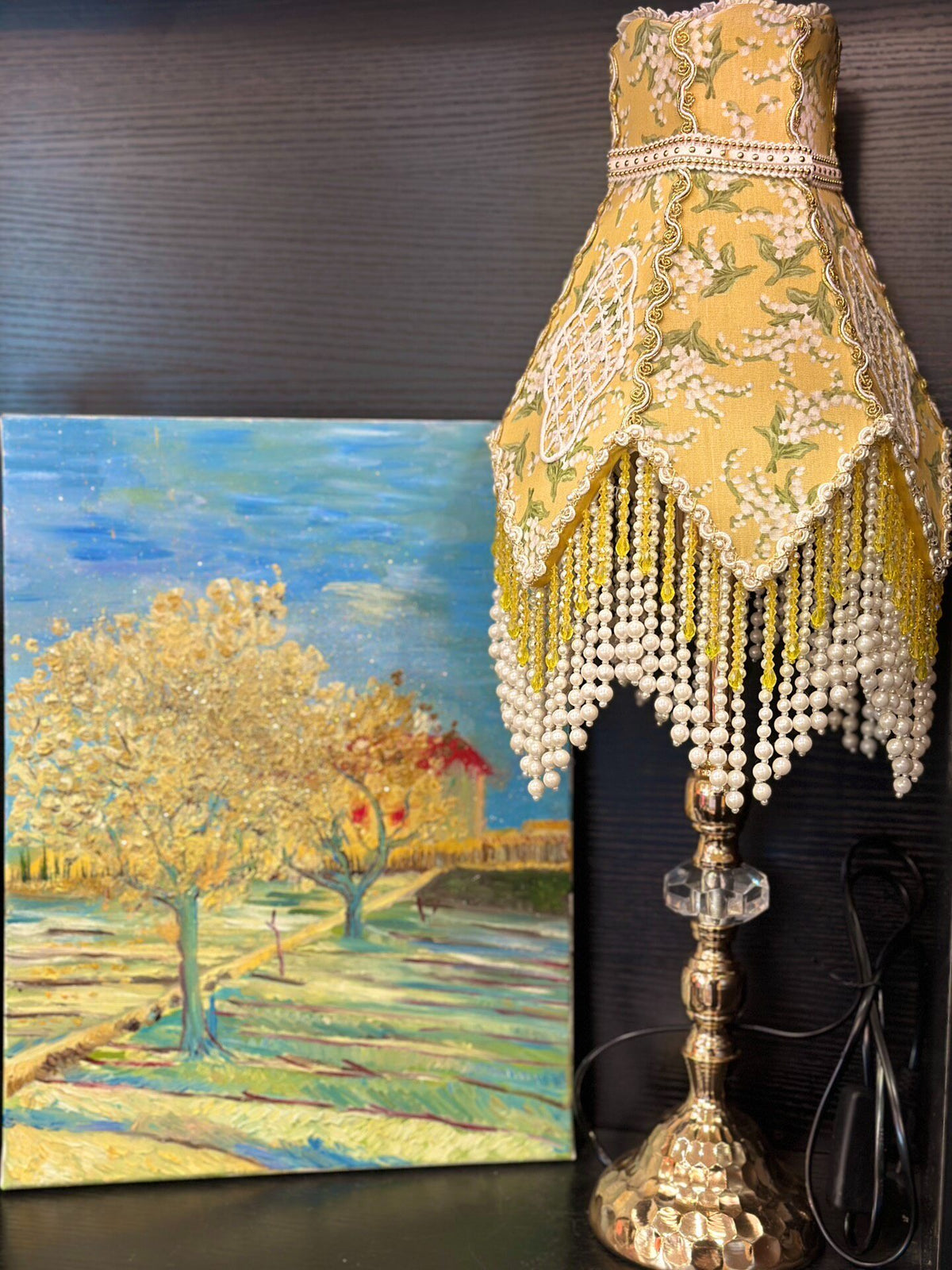 Handcrafted Bell Shade Table Lamp with Pearl Fringe