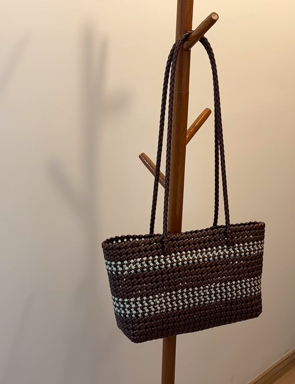 Large Coffee Two-Tone Woven Rattan Baguette Bag