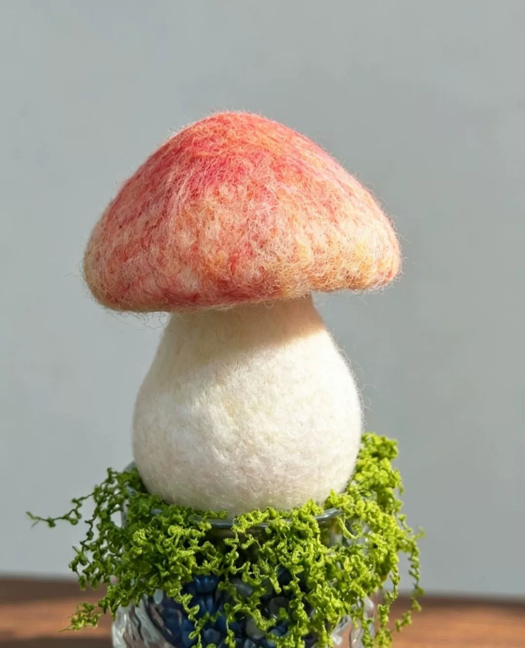 Needle Felted Mushroom Sculpture in Glass Base