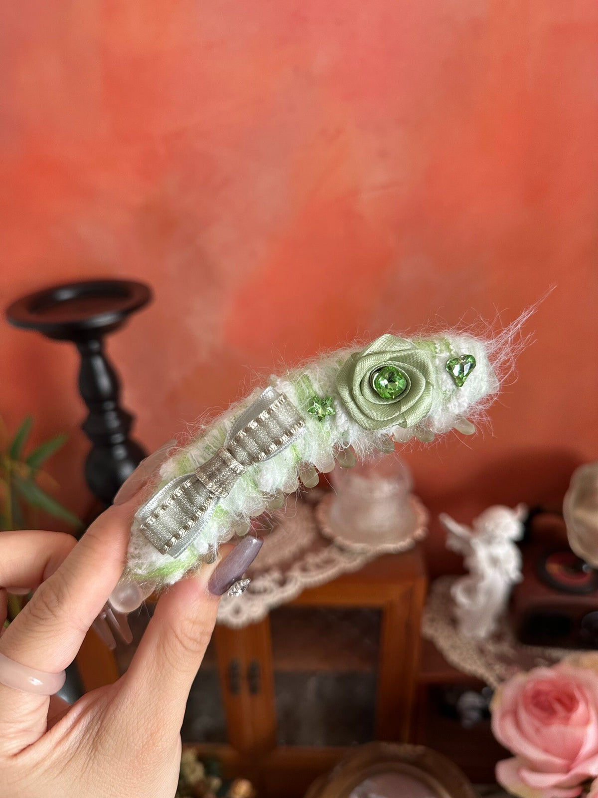 Handcrafted Yarn Banana Clip with Fabric Rose