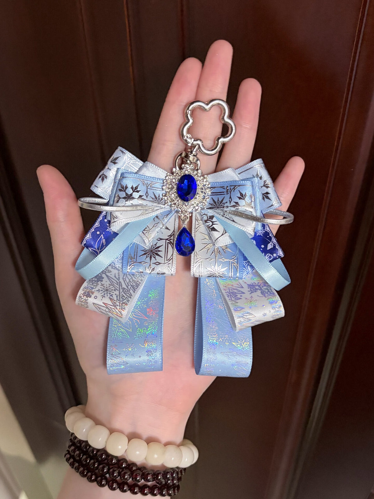 Light Blue Bow Keychain with Blue Gemstone