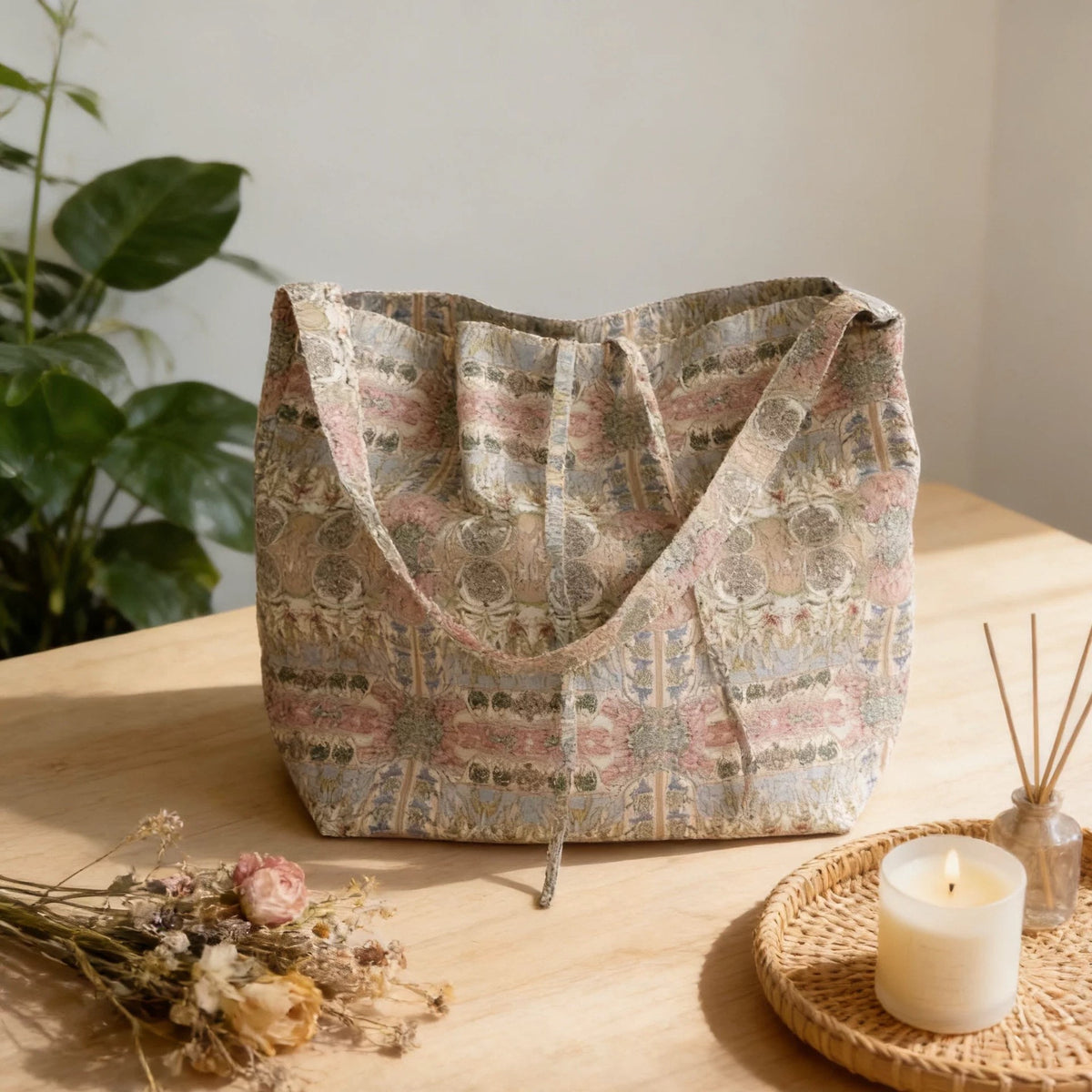 Floral Print Cotton Tote Bag Large Capacity