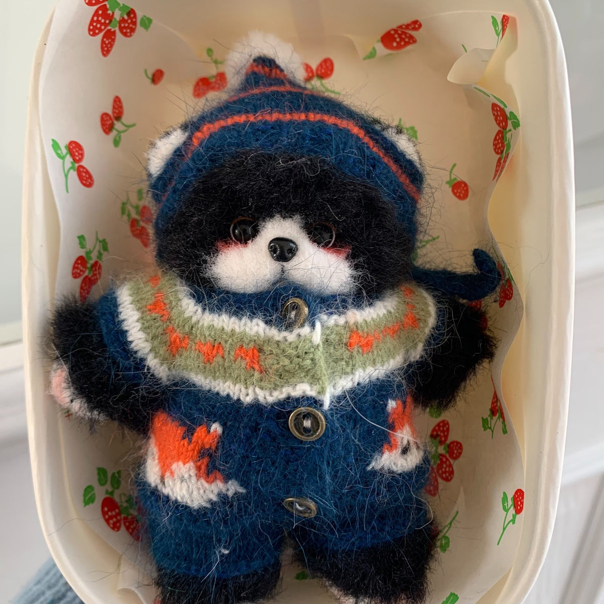 Handmade Knitted Black Bear Figurine with Blue Fox Jacket