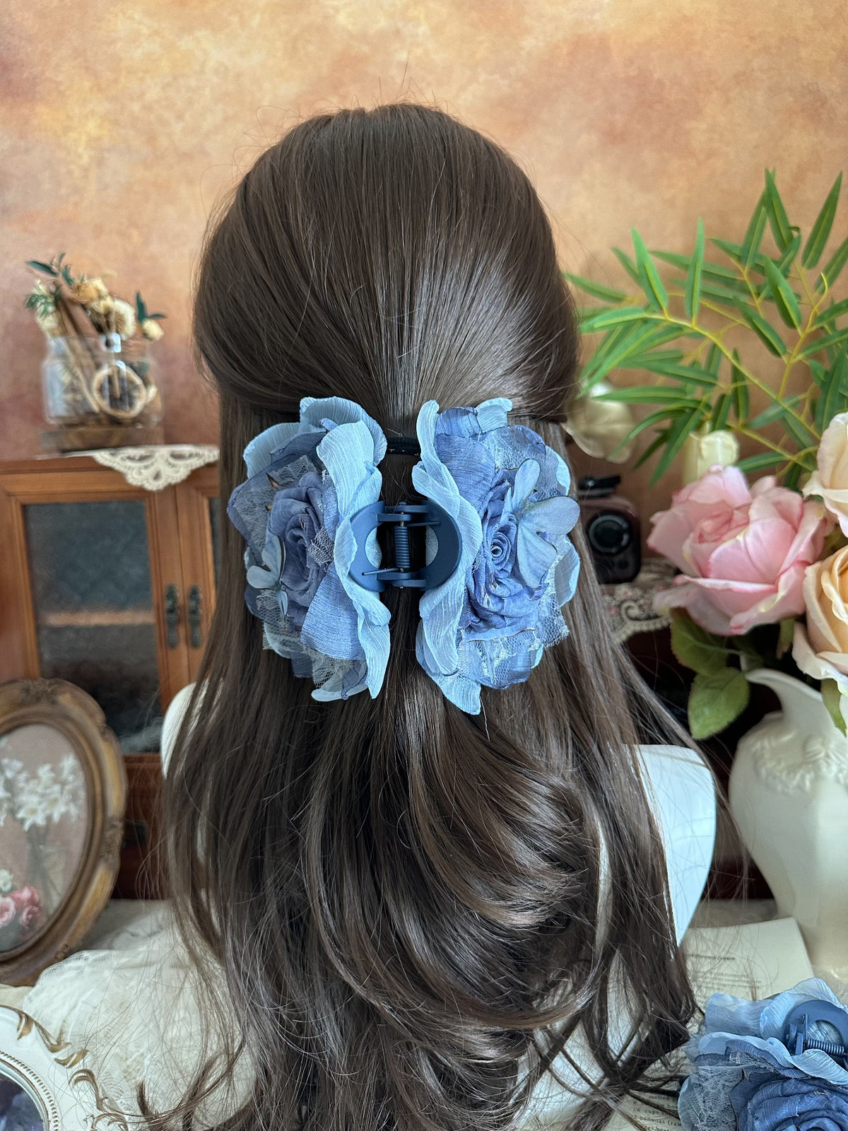 Handcrafted Fabric Rose Blue Hair Claw Clip