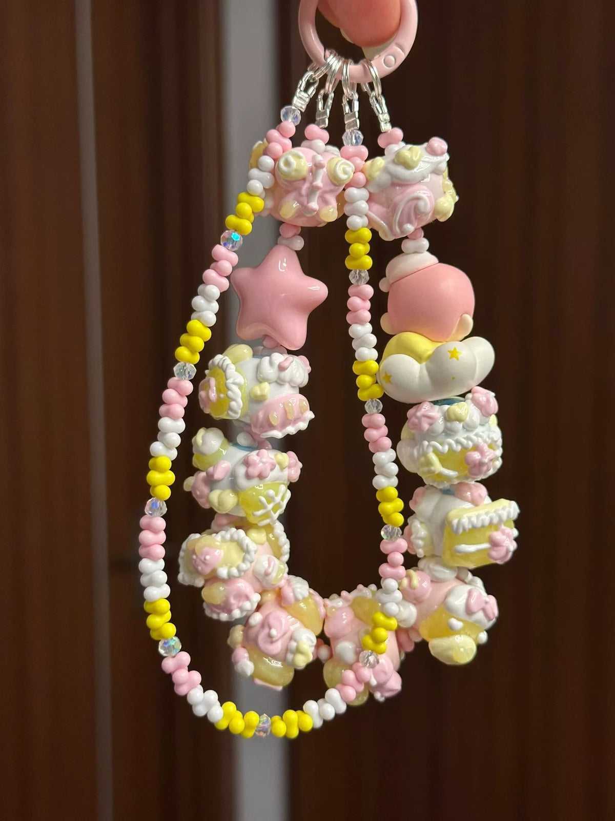 Hand Painted Bead Keychain Pink Yellow