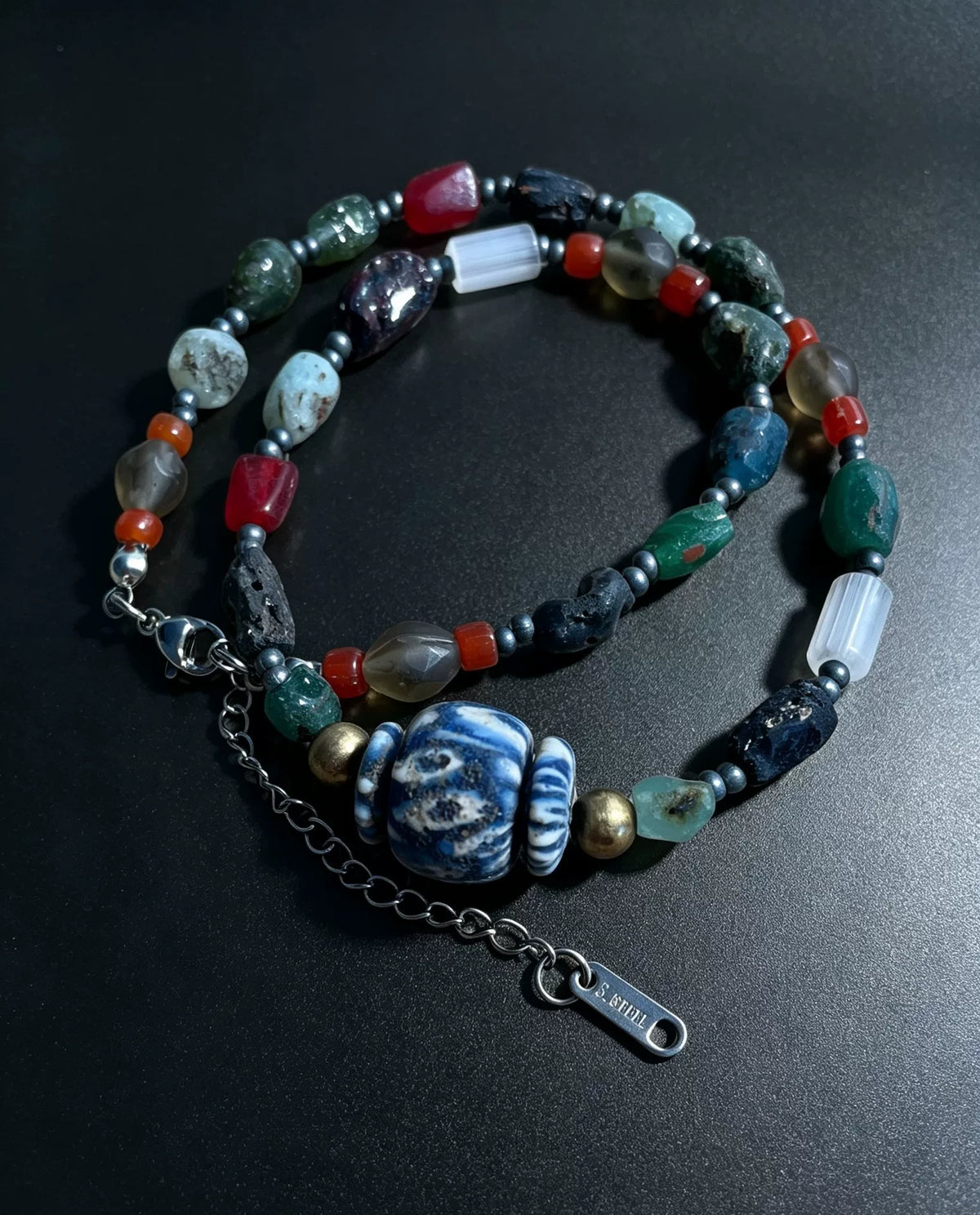 Handmade Glass Bead Necklace Blue White