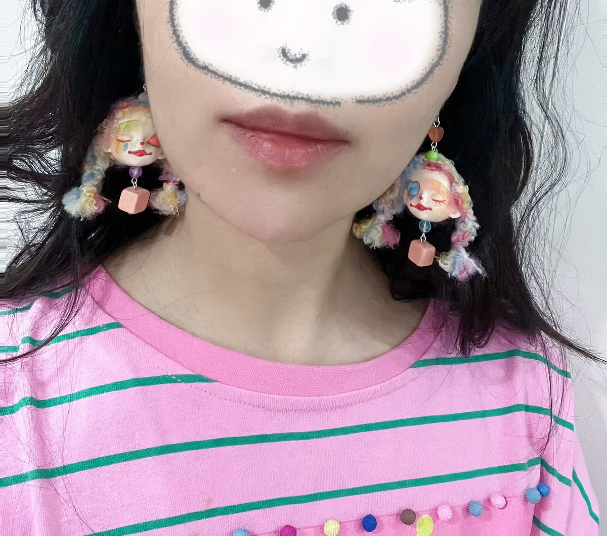 ハンドメイド ポリマークレイ レインボーピエロピアス