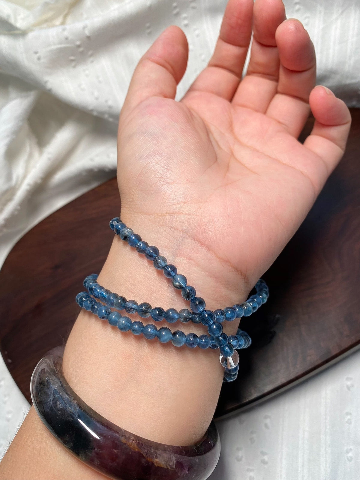 Aquamarine Triple Wrap Beaded Bracelet Silver Charms