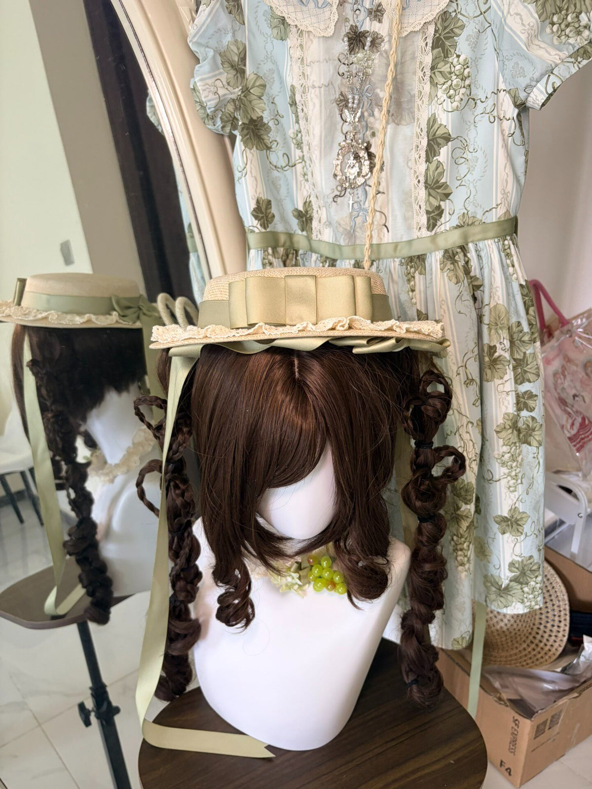 Lolita Flat Straw Hat with Grape Brooch