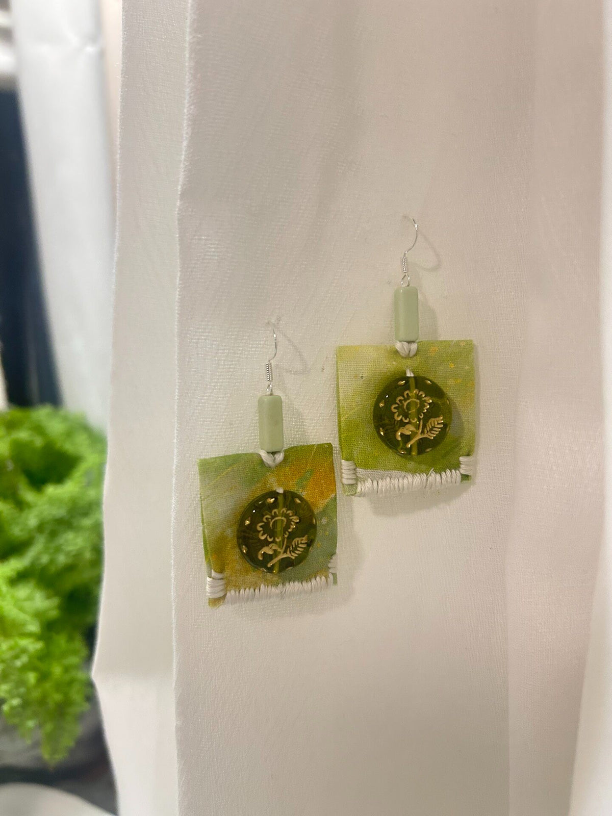 Handmade Fabric Earrings with Woven Pendant